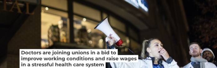 Dr. Maryssa Miller speaks to fellow union members outside George Washington University Hospital in Washington, D.C., in 2024. Maansi Srivastava/The Washington Post via Getty Images